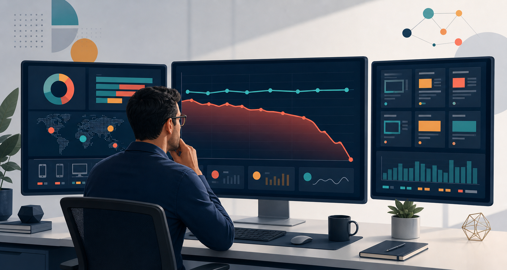 A publisher compares abstract analytics panels where revenue falls while website traffic remains steady.
