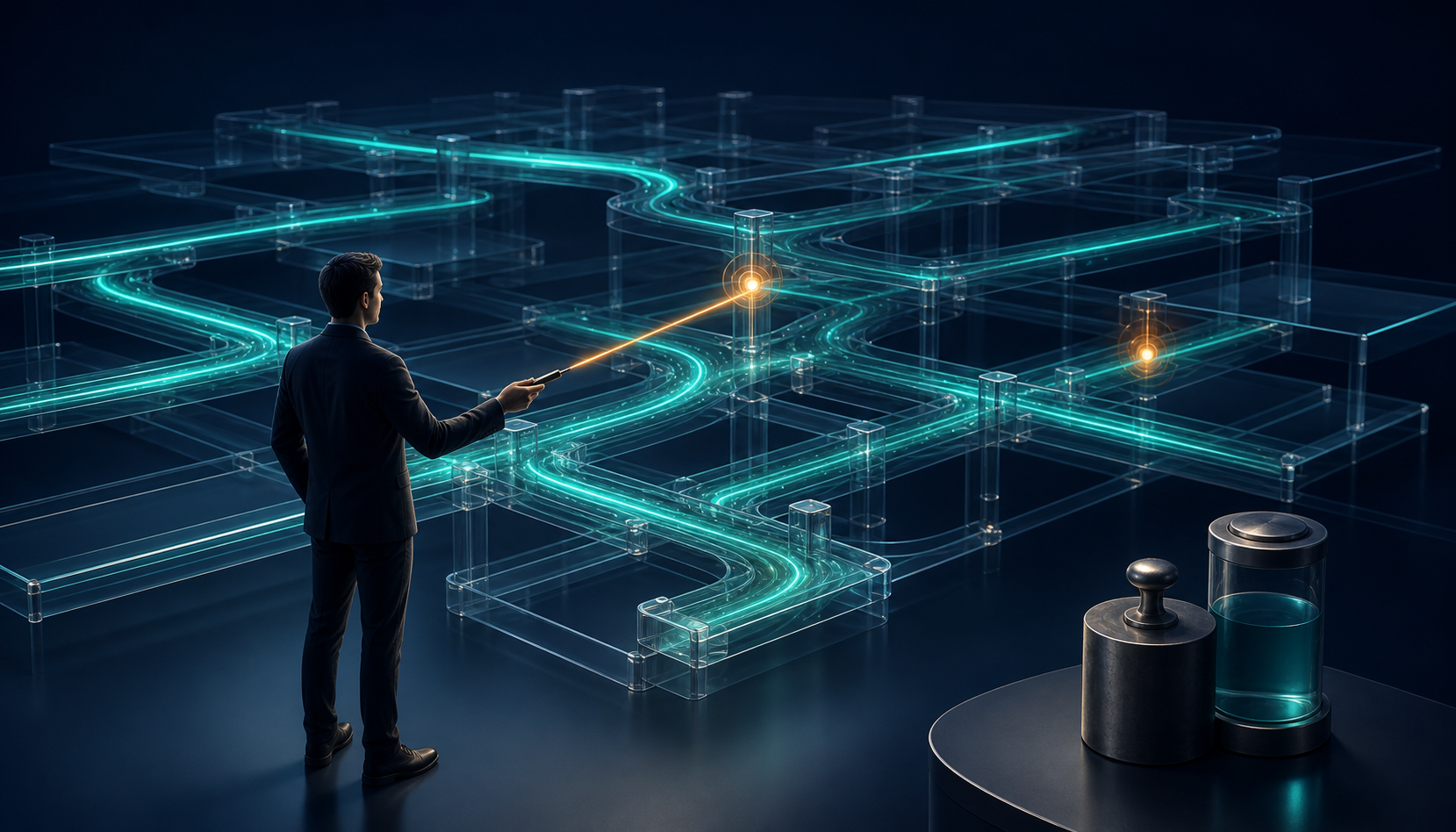 An analyst makes one focused adjustment to a guarded campaign network while two anomalies glow among otherwise stable automated pathways.