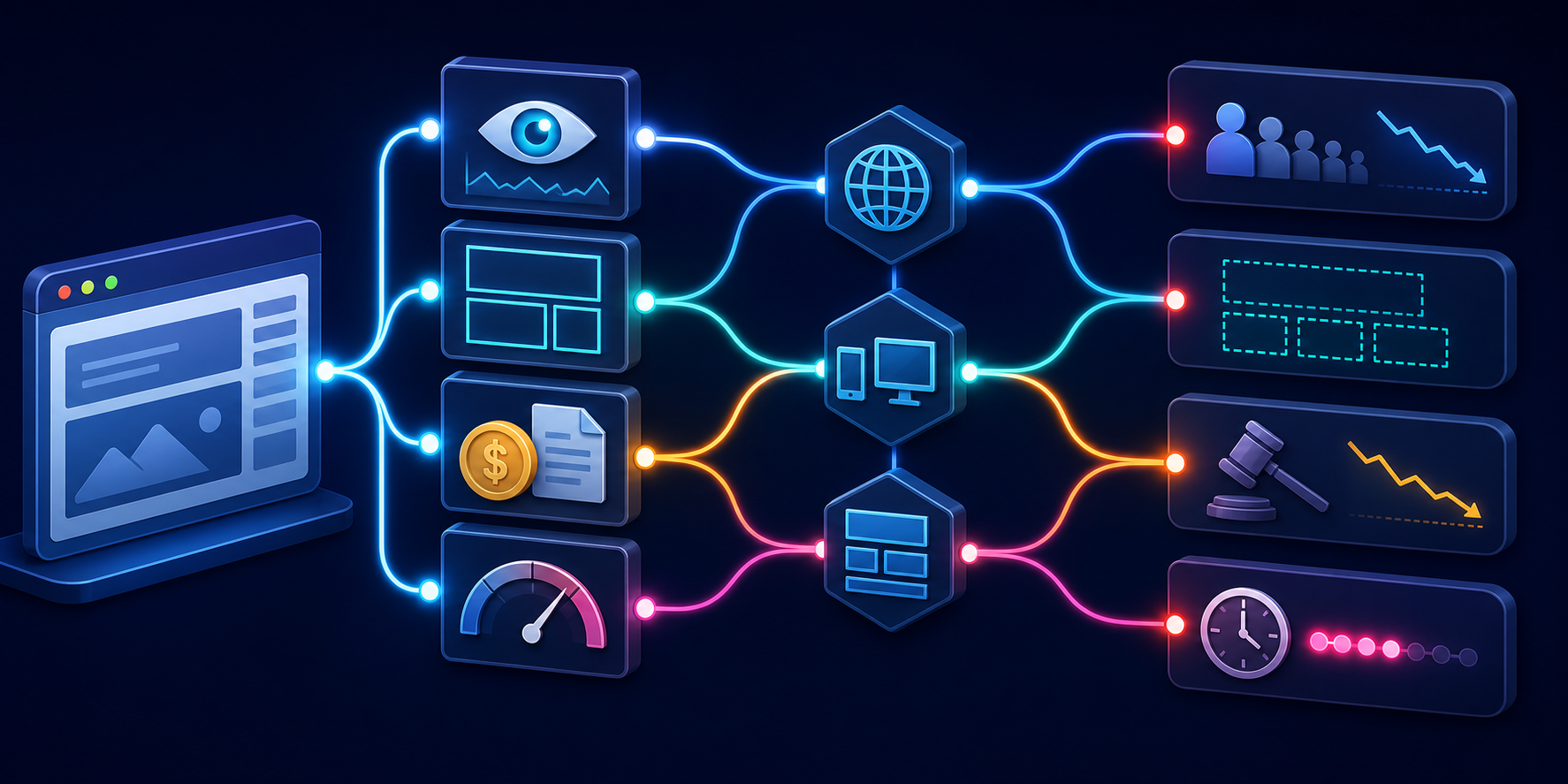 An icon-based diagnostic pathway separates website activity, ad delivery, advertiser demand, and reporting problems across devices and regions.