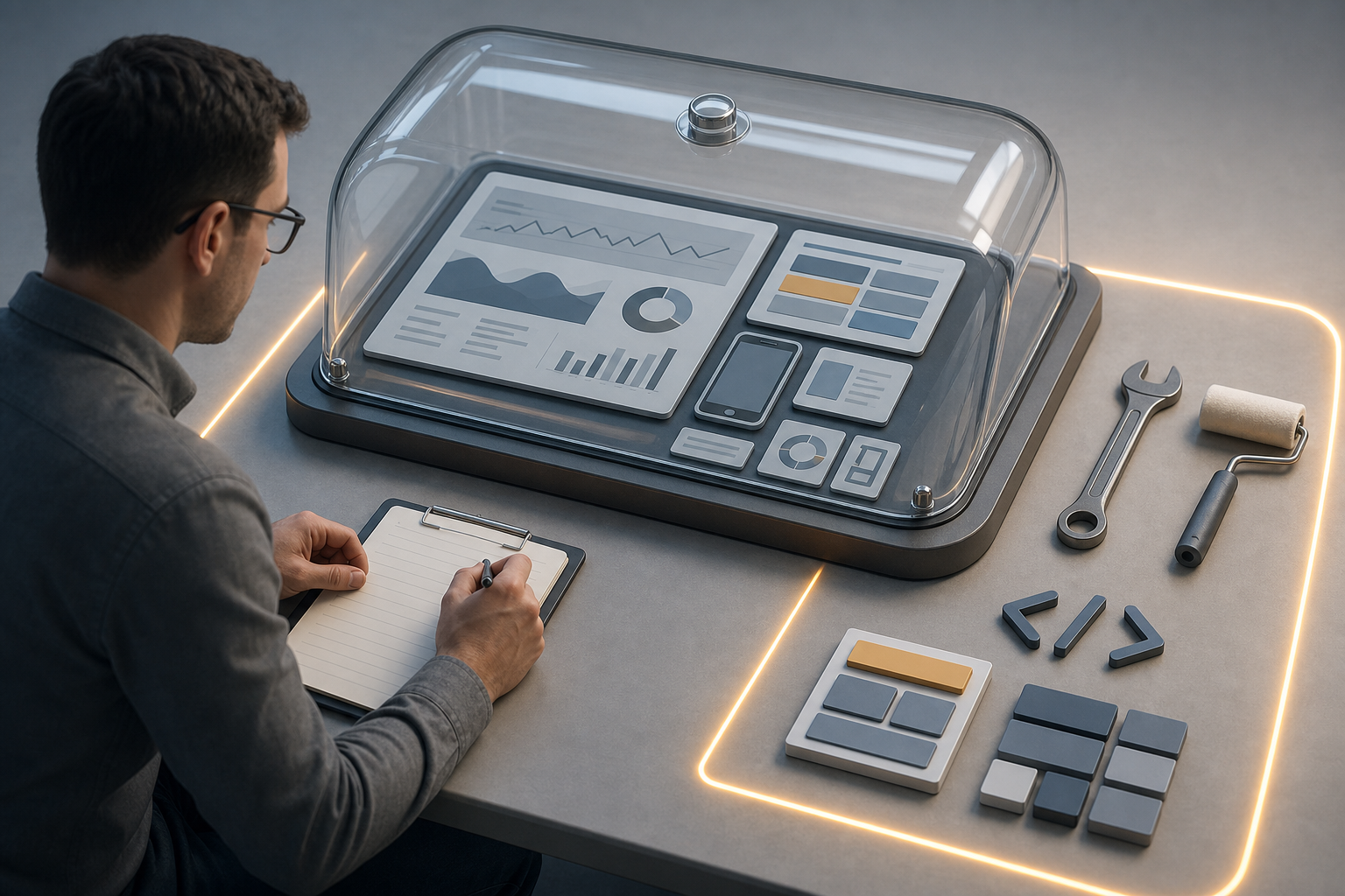 An analyst documents untouched website analytics under a transparent cover while modification tools remain set aside.