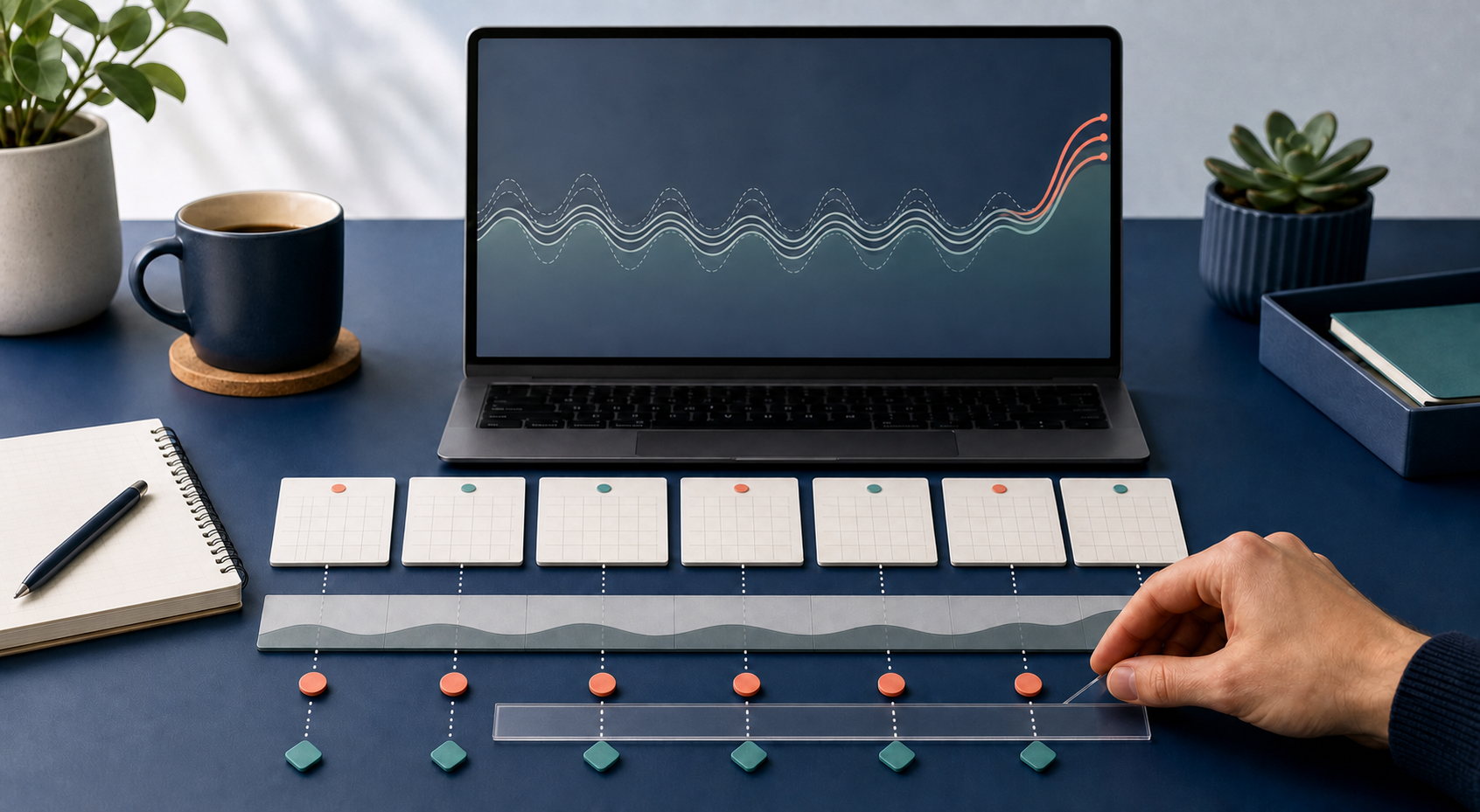 An analyst aligns colored campaign markers with an unlabeled historical trend display and blank calendar tiles on a desk.