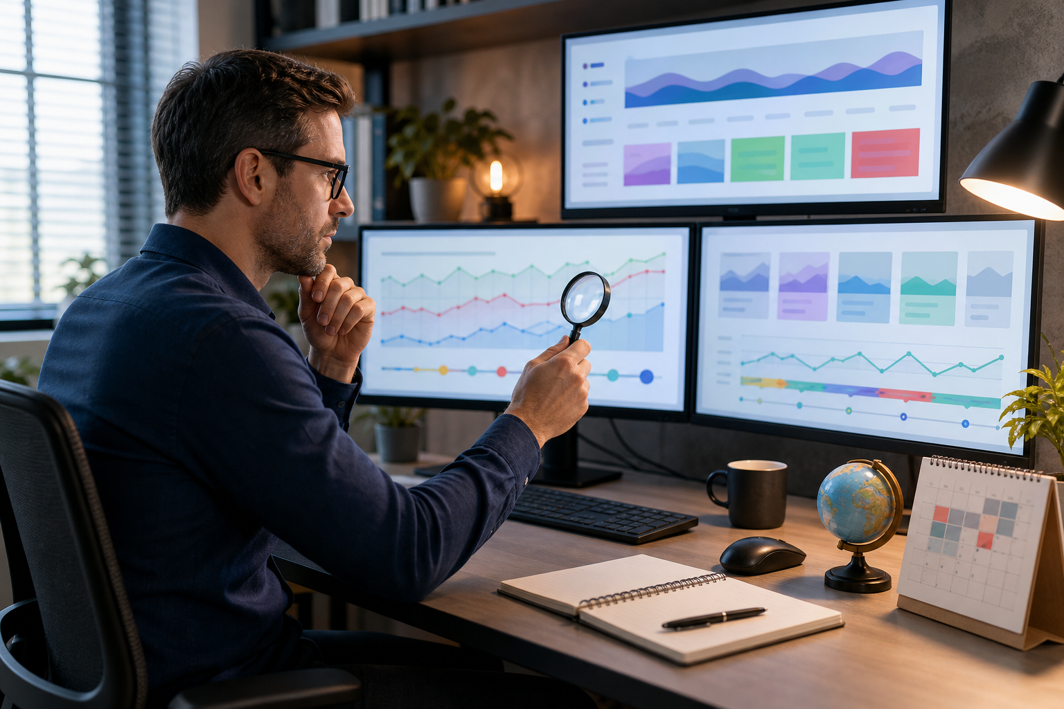 An analyst compares abstract website performance signals across several monitors at a desk.