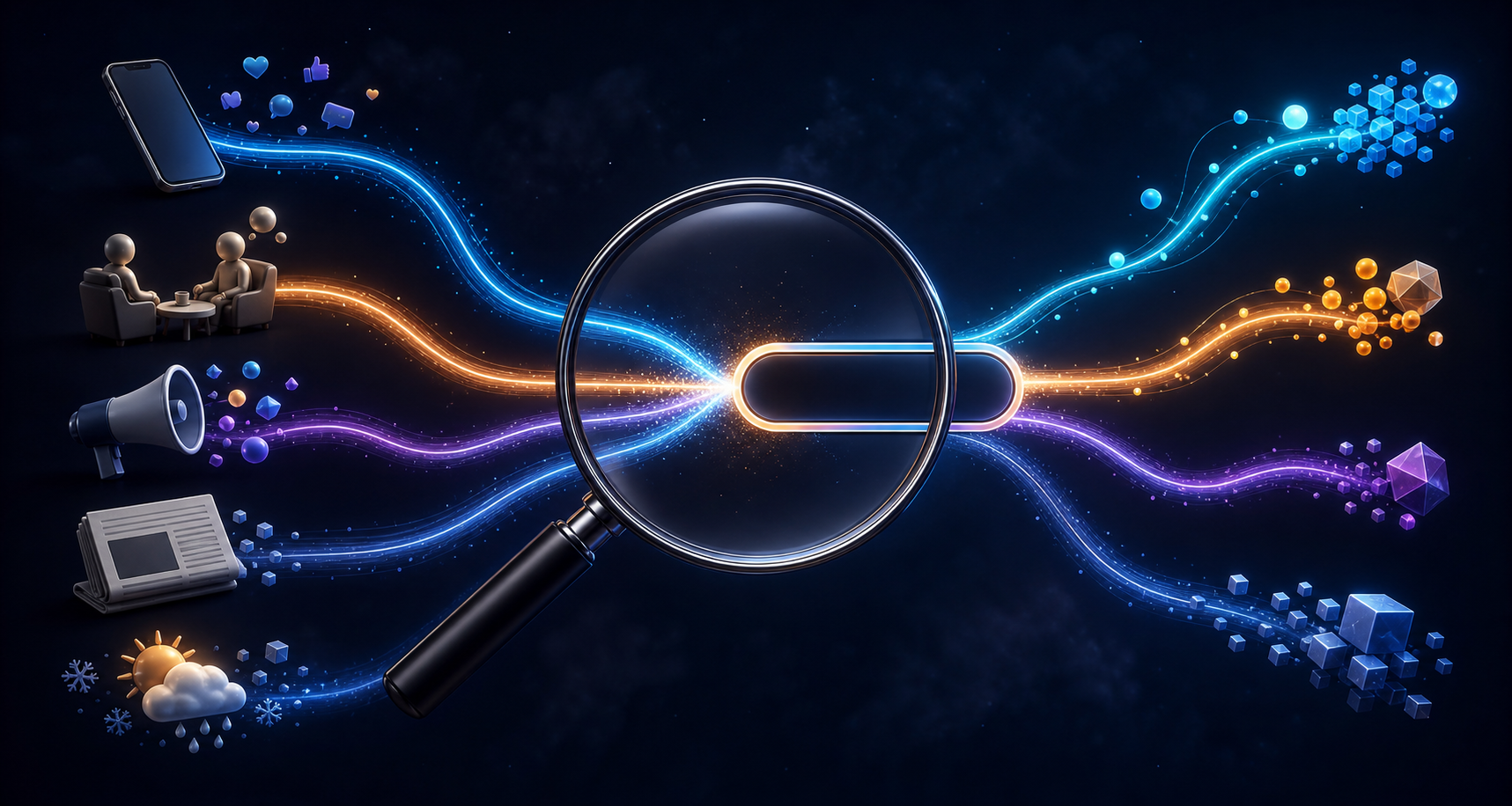 A magnifying lens highlights overlapping signal paths from a phone and several other sources as they converge near a blank search field.
