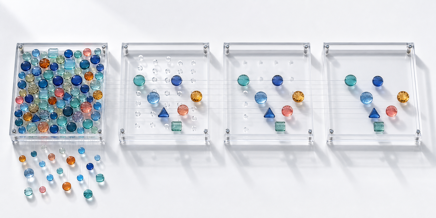 Successive transparent trays show a varied group of colored tokens shrinking as many drop out early and a stable subset remains.