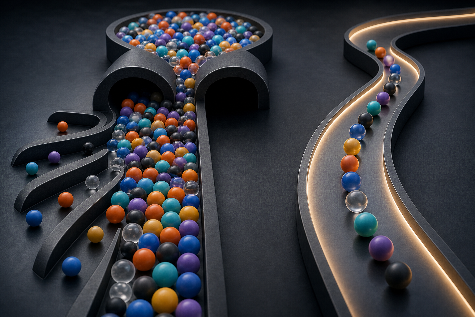 A diverse stream of spheres loses some members near an acquisition gateway, while the surviving spheres continue along a separate longer track.