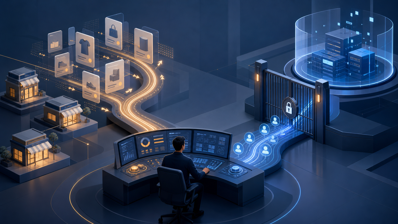 An operator manages two digital advertising pathways, one leading to online products and local storefronts and the other sending lead profiles through a secure access gate.