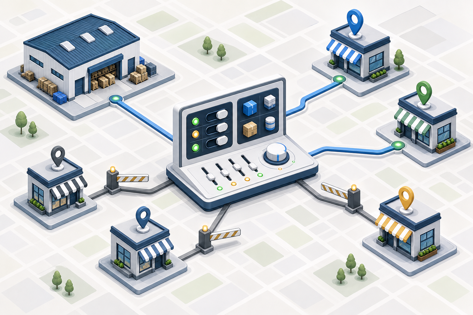 A generic campaign control panel connects through adjustable gates to an online warehouse and several local storefronts on a simplified city map.
