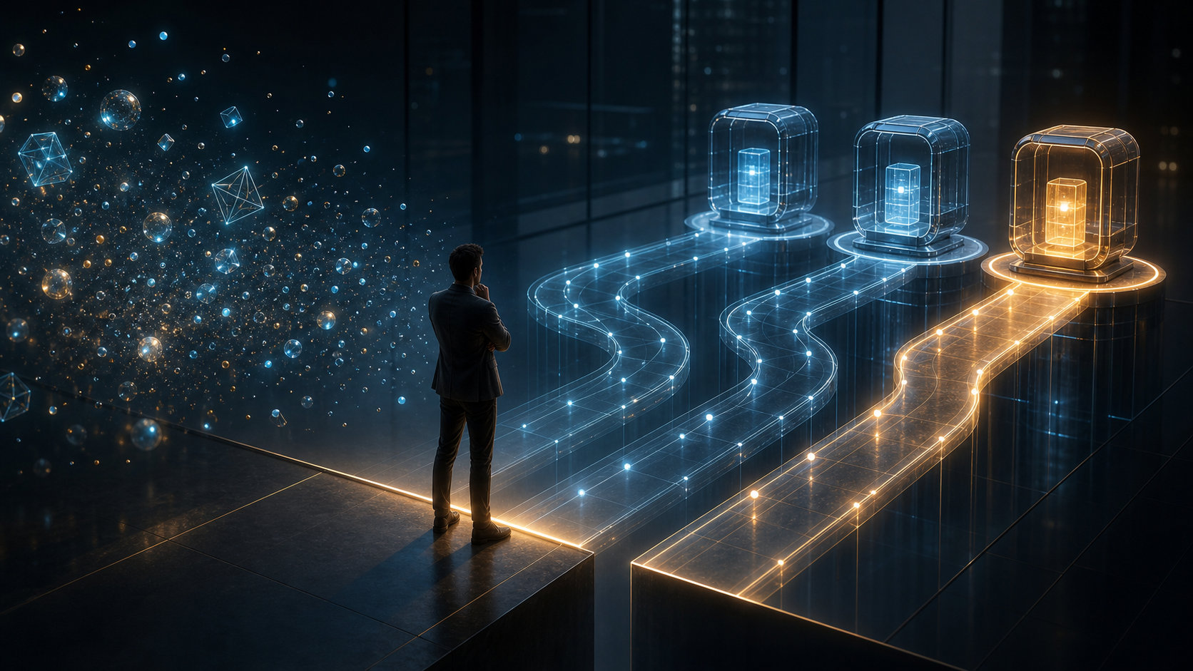 A strategist faces glowing pathways that transform scattered signals into three organized research-task capsules across an illuminated gap.