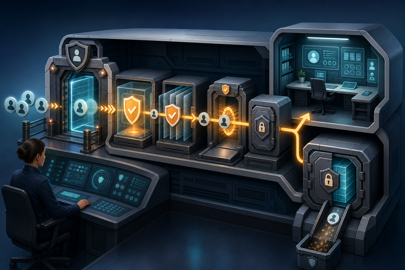 Anonymous lead-profile tokens move through secure validation checkpoints into a customer-management system and an encrypted archive while an operator monitors the handoff.