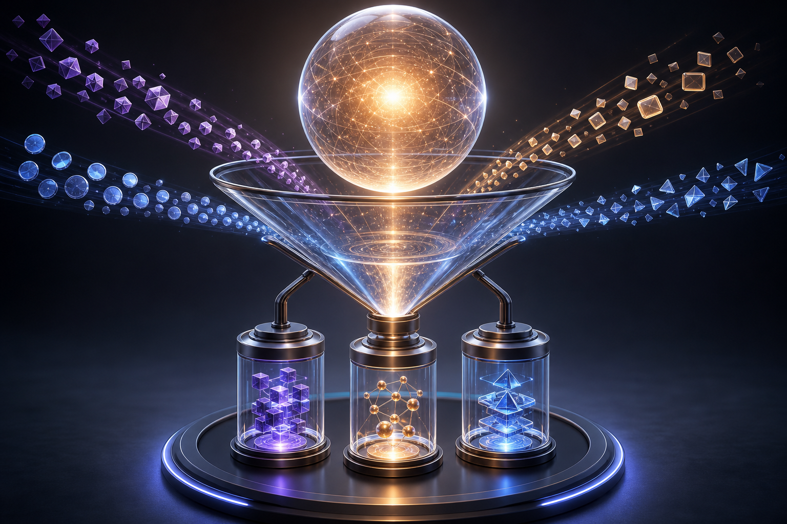 A glowing sphere and several streams of abstract evidence pass through an open funnel and become three distinct research capsules.
