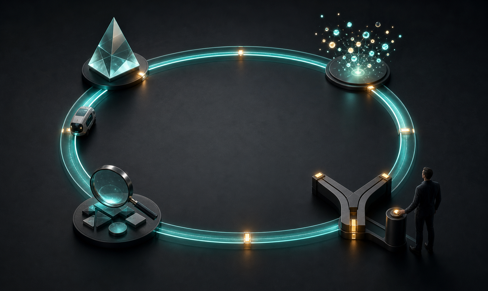 A research capsule moves around a circular track with four abstract review stations while a person oversees the final branching gate.