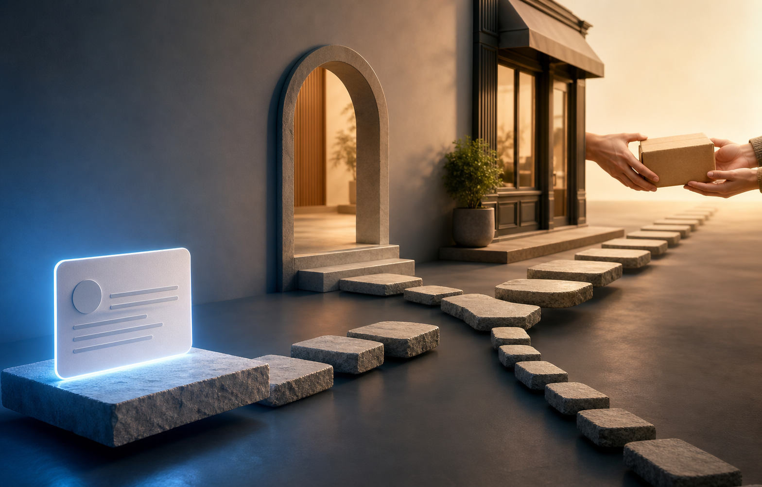 A glowing source card begins a branching path of stepping stones that ends with two hands exchanging a parcel.