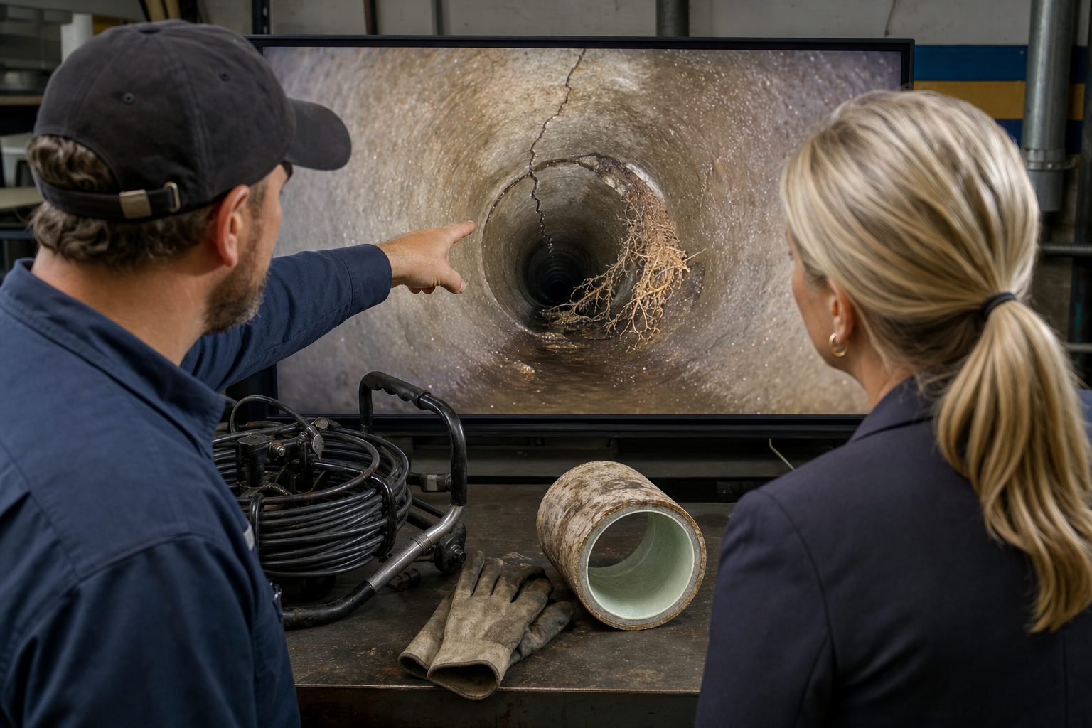 A technician points to a sewer-camera image of a cracked, root-damaged pipe while a property manager reviews the evidence beside inspection equipment and a relined pipe sample.