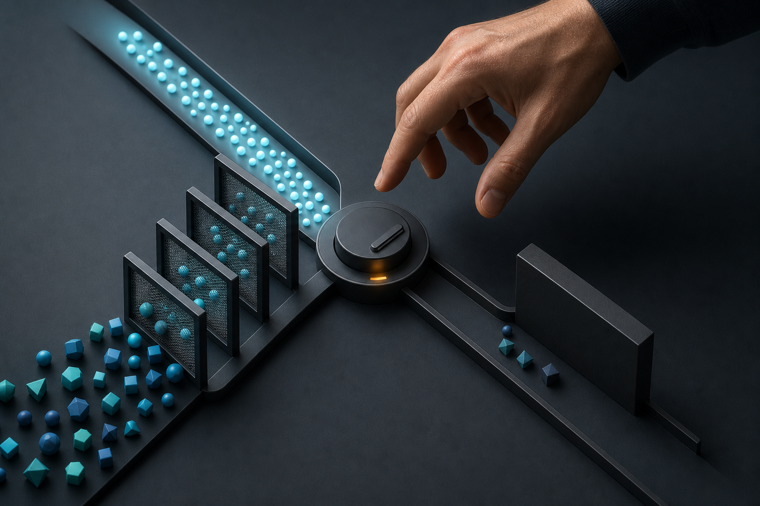 A hand hovers over a selector between a filtered data pathway and a pathway stopped by a solid barrier.