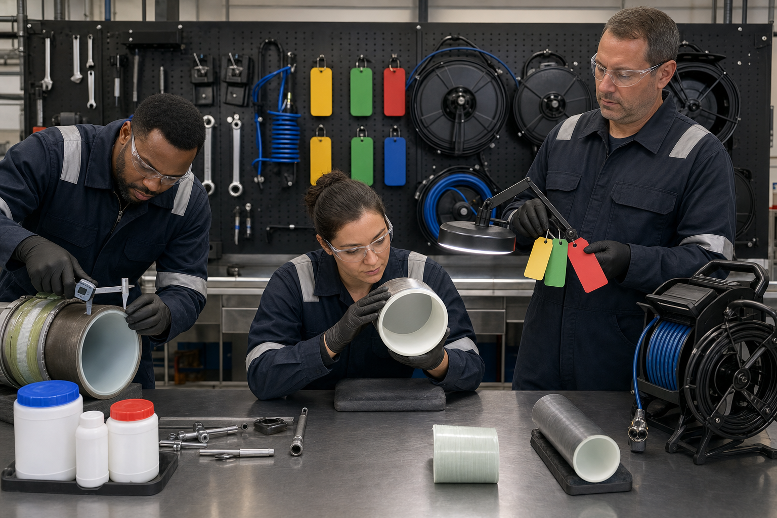 A three-person pipe relining crew checks a finished liner sample and calibrated equipment in a clean, organized service bay.