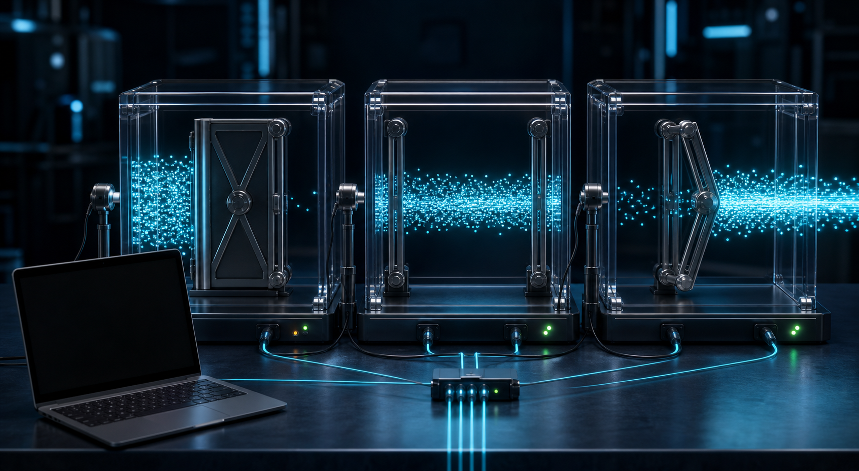 Three connected test chambers show data particles blocked, transmitted, and changing as a privacy gate opens.