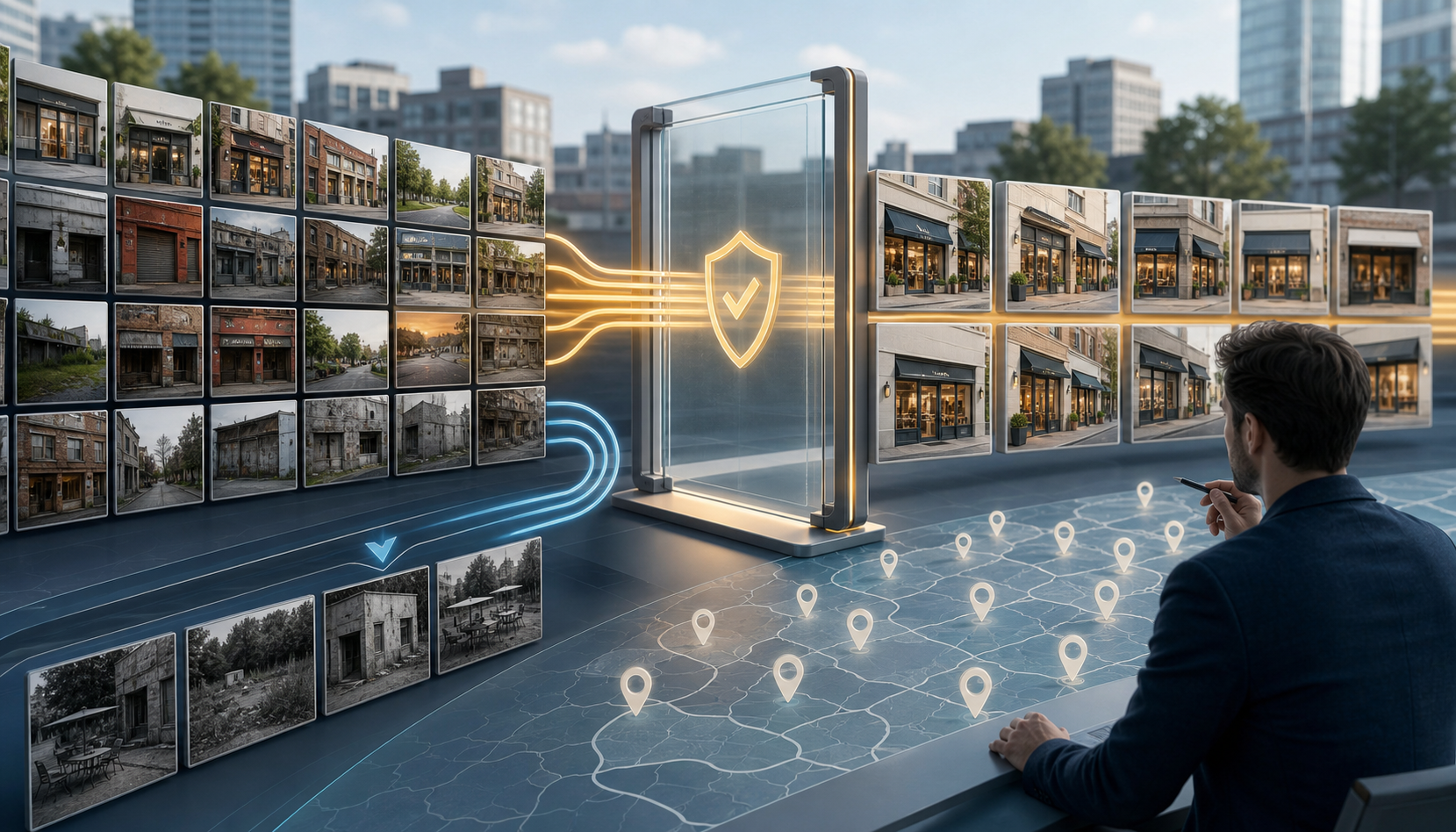 A brand manager reviews storefront and streetscape image tiles as an approval gate filters location-based advertising imagery.