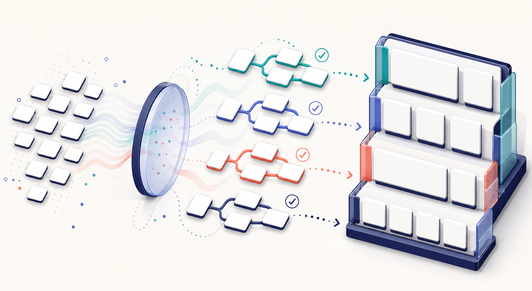 Blank query tokens pass through an analysis lens, branch into thematic clusters, and organize into page modules.