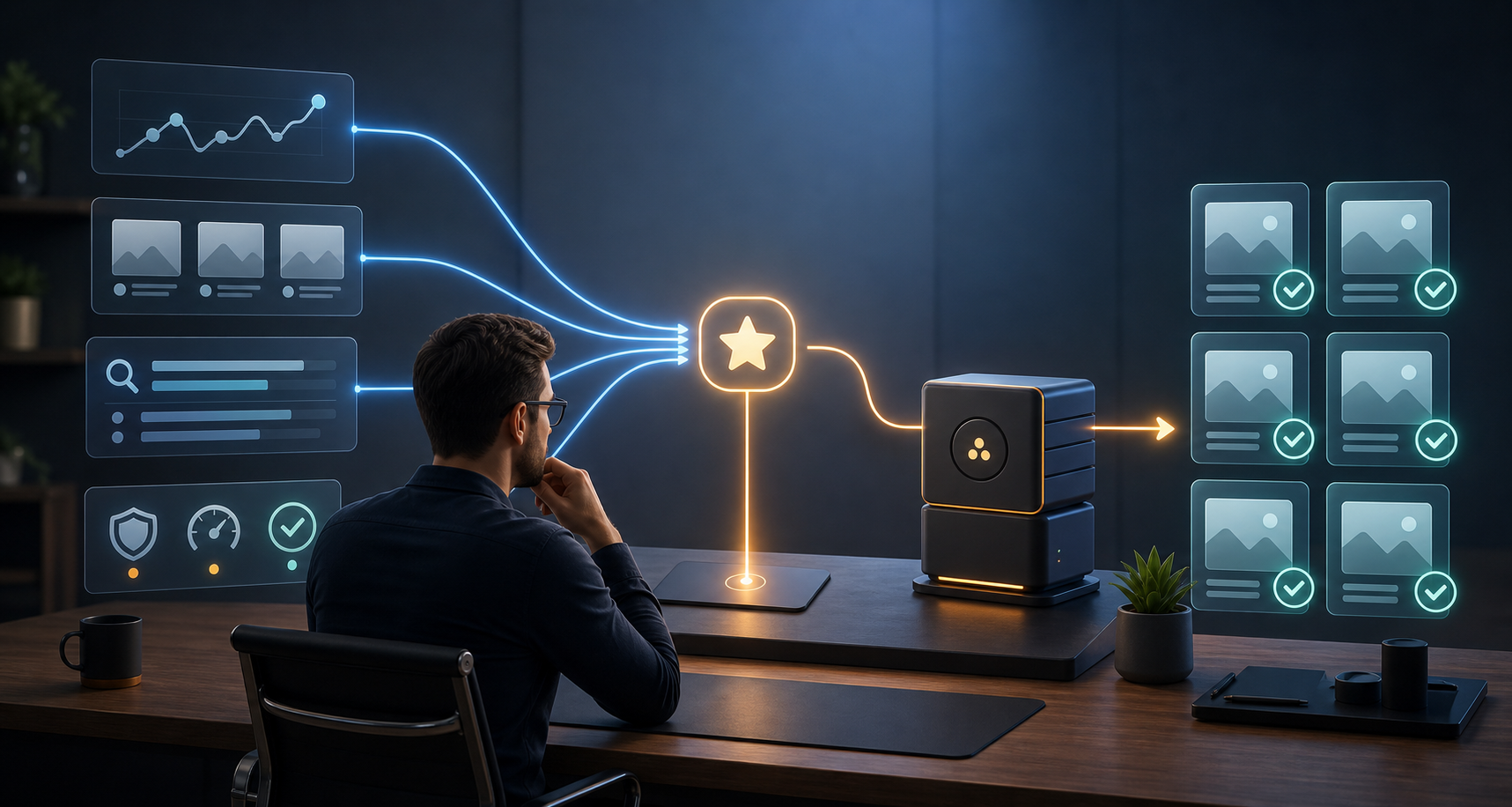 An SEO strategist at a desk guides multiple abstract data streams through a small automation module toward organized page improvements.