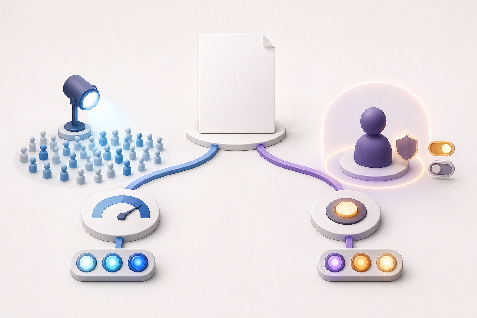 One blank content page connects to separate stations for measuring anonymous public visibility and private personalized usefulness.
