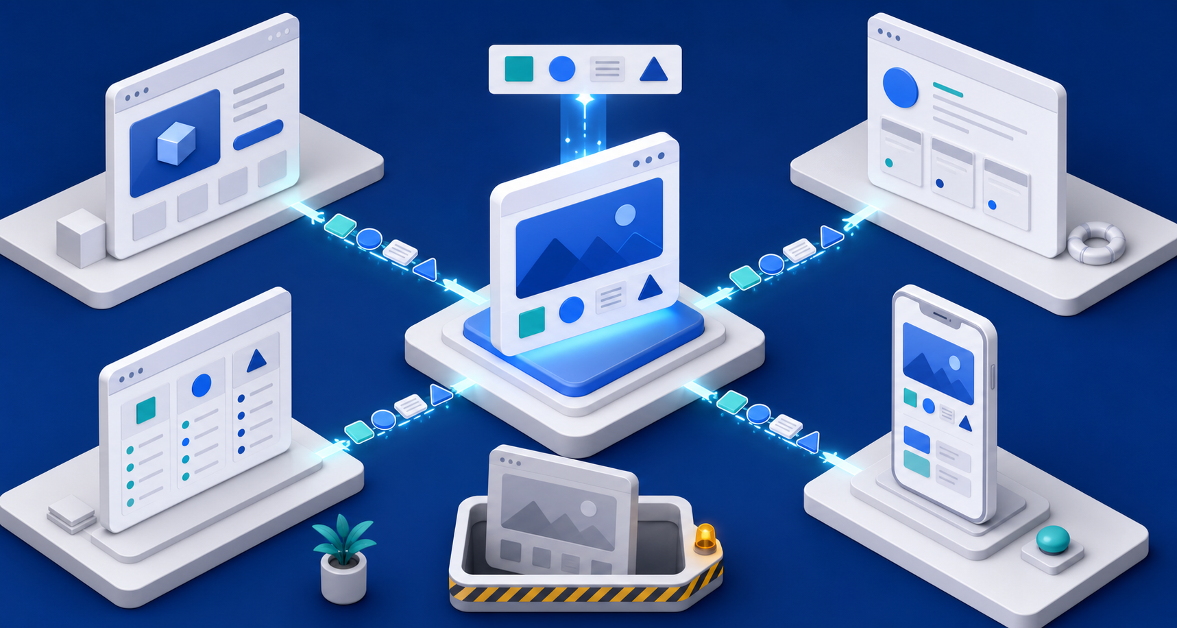 A central information module distributes matching visual tokens to organized desktop and mobile page components, with an obsolete module set aside.