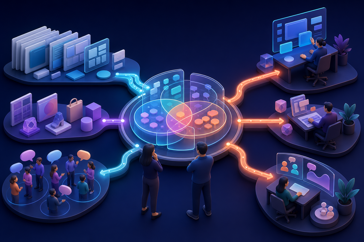Owned-page modules, media artifacts, and community conversations flow into a central decision mechanism watched by two strategists, then branch toward three workstations.
