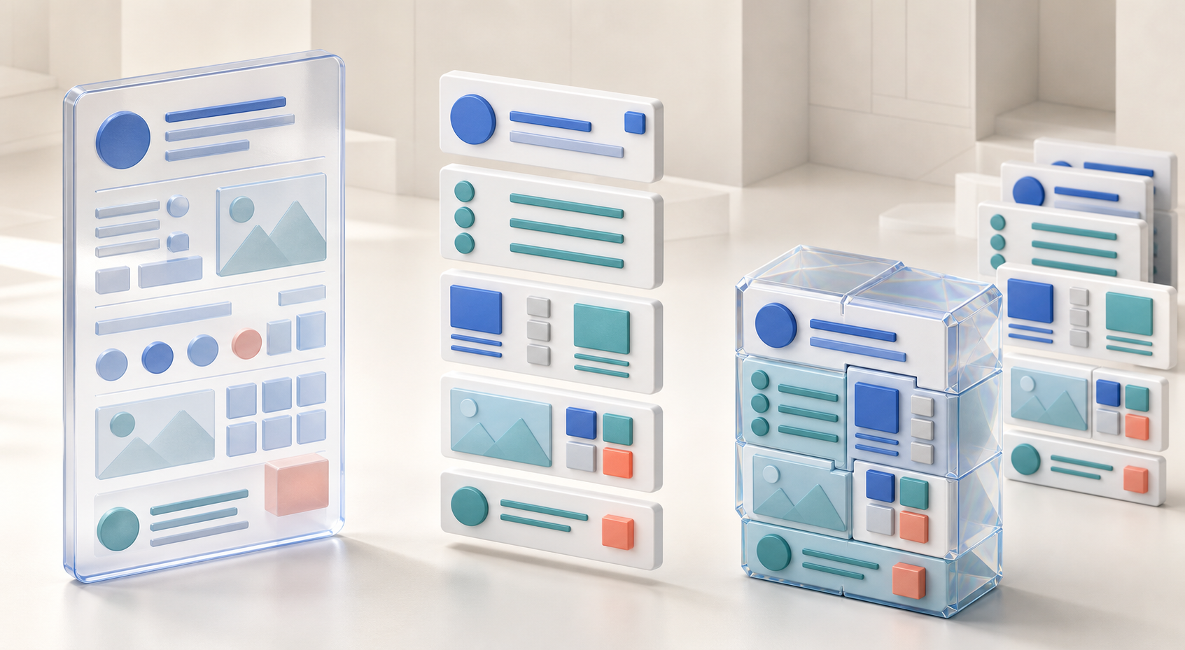 A page-shaped slab separates into modular content cards that assemble into a compact answer object.