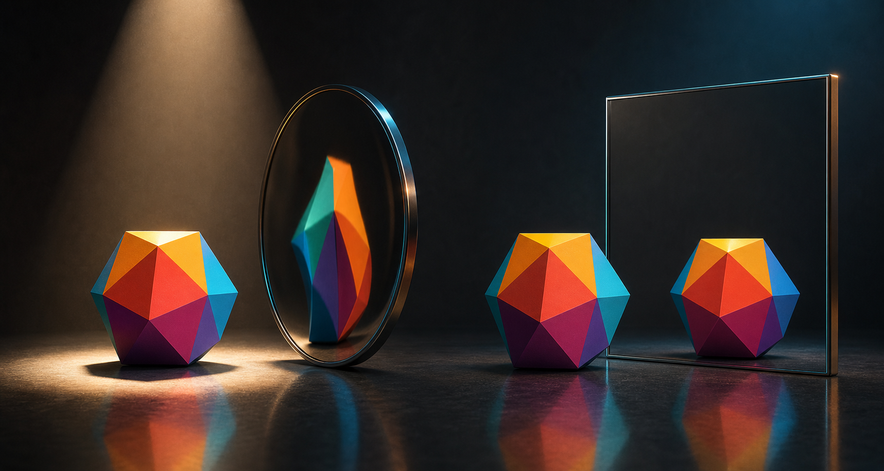 A brightly lit geometric object appears distorted in one mirror and accurately reflected in another.