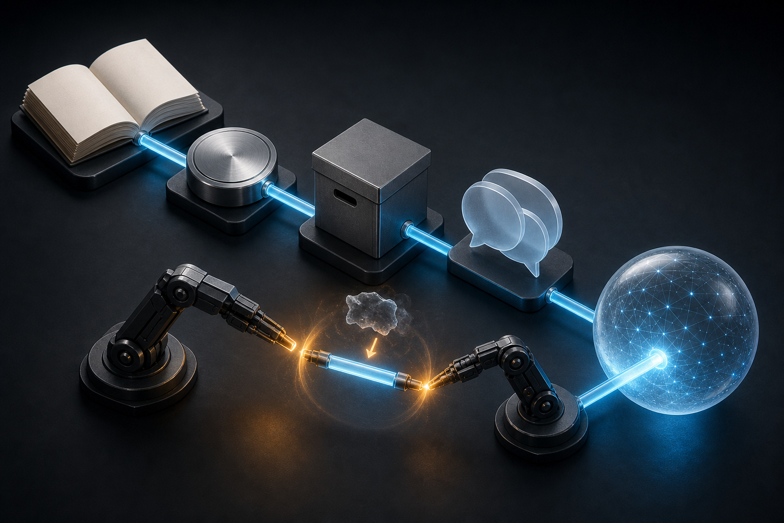 Blank source documents and archive objects connect to a clear sphere through an evidence chain with one broken link being repaired.