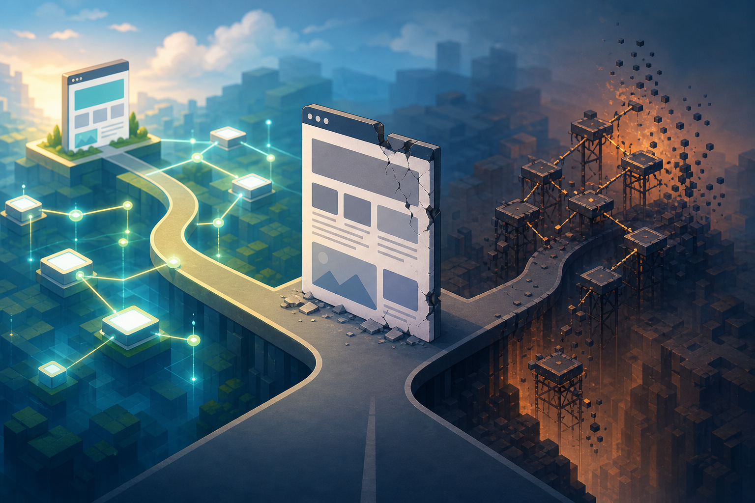 A web page at a fork follows one path toward repairs while artificial link structures dissolve on the other.