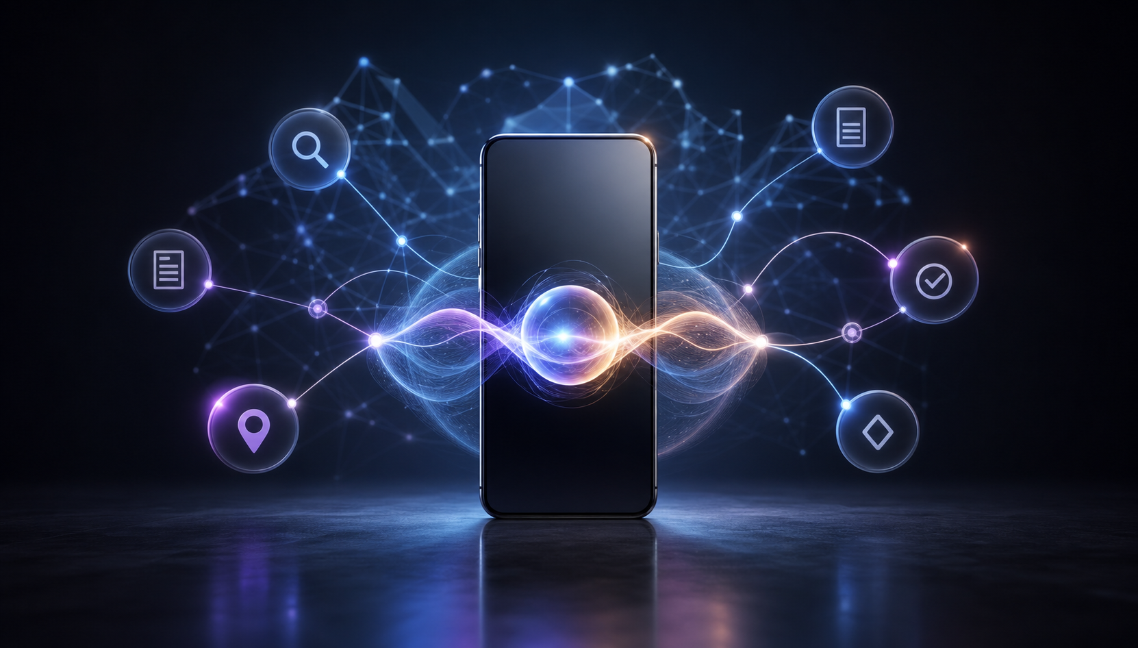 An unbranded smartphone surrounded by a glowing voice-assistant orb and a network of abstract search, document, location, and verification symbols.