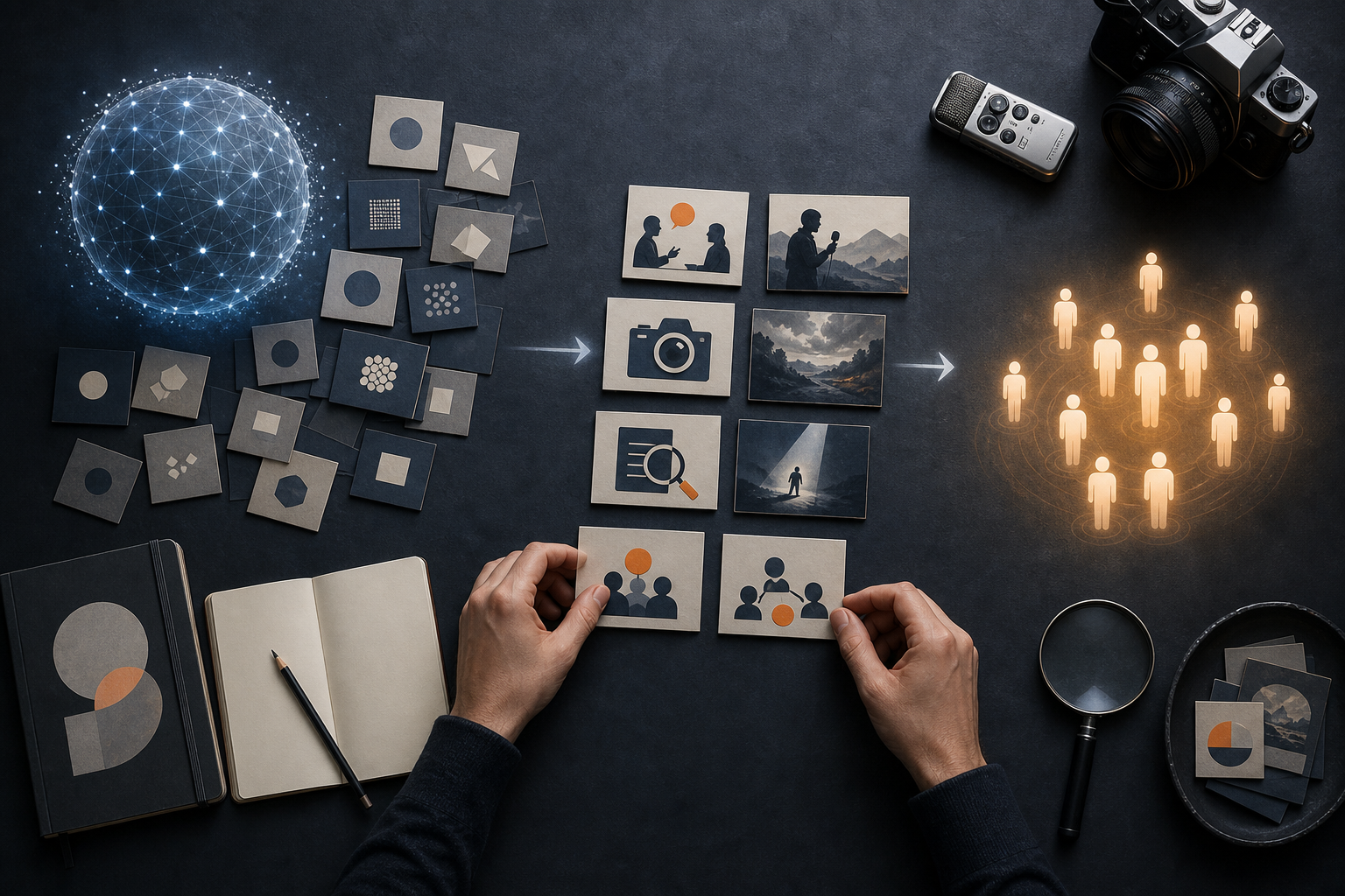 A publisher sorts text-free story tiles on a table, separating generic content from reporting based on interviews, photography, investigations, and community coverage.