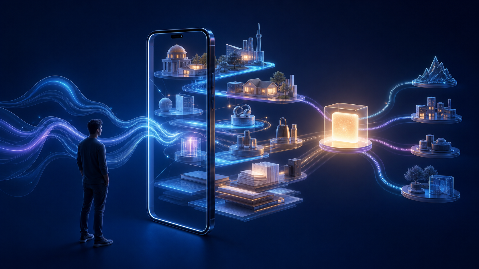 A smartphone routes an abstract question through connected information sources and produces a concise answer with several handoff paths.