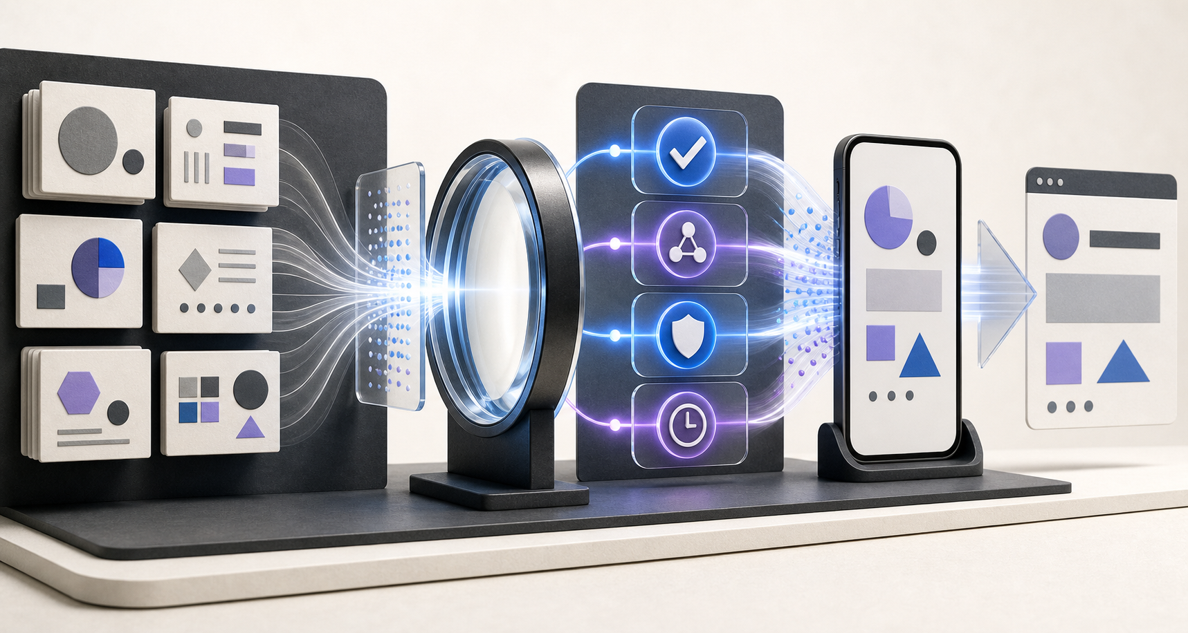 Structured content cards pass through an illuminated verification system before reaching a smartphone and a webpage handoff.