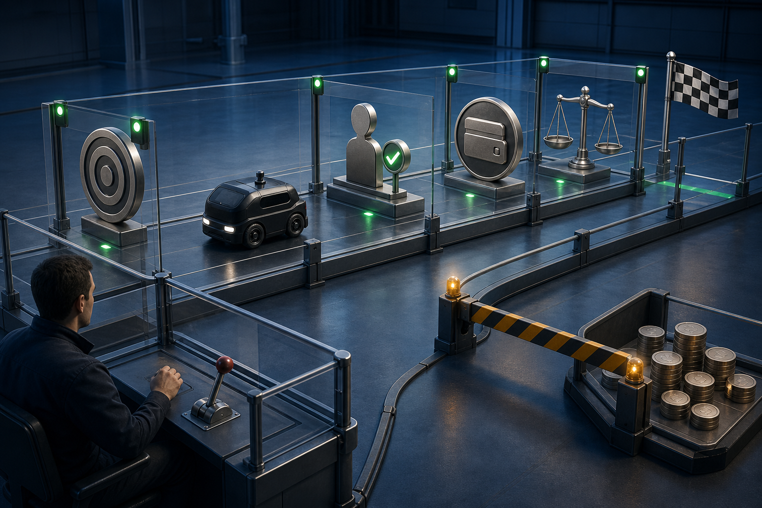 An autonomous machine travels through a guarded test lane with symbolic customer, transaction, target, and balance checkpoints while a strategist watches from a control station.