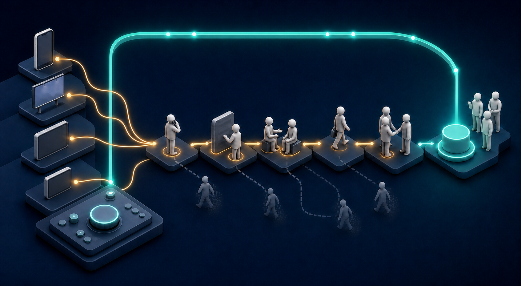Abstract ad signals pass through customer interactions to completed purchases, with verified outcome signals returning to a budget control console.