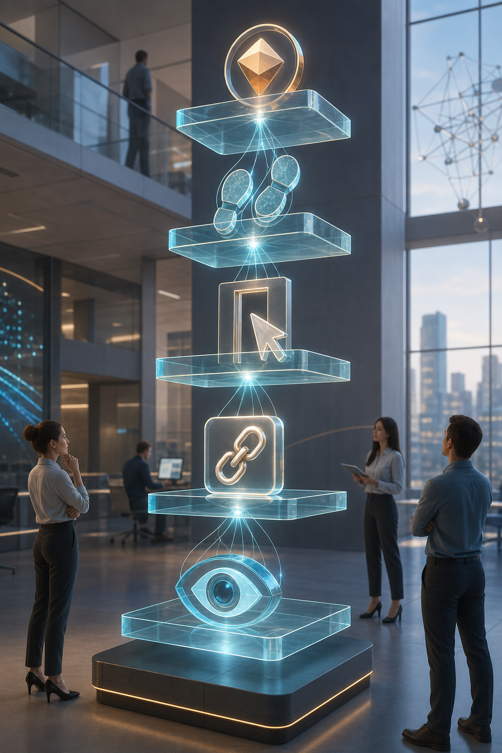 Analysts examine ascending translucent platforms marked by symbols for visibility, sources, visits, journeys and value.