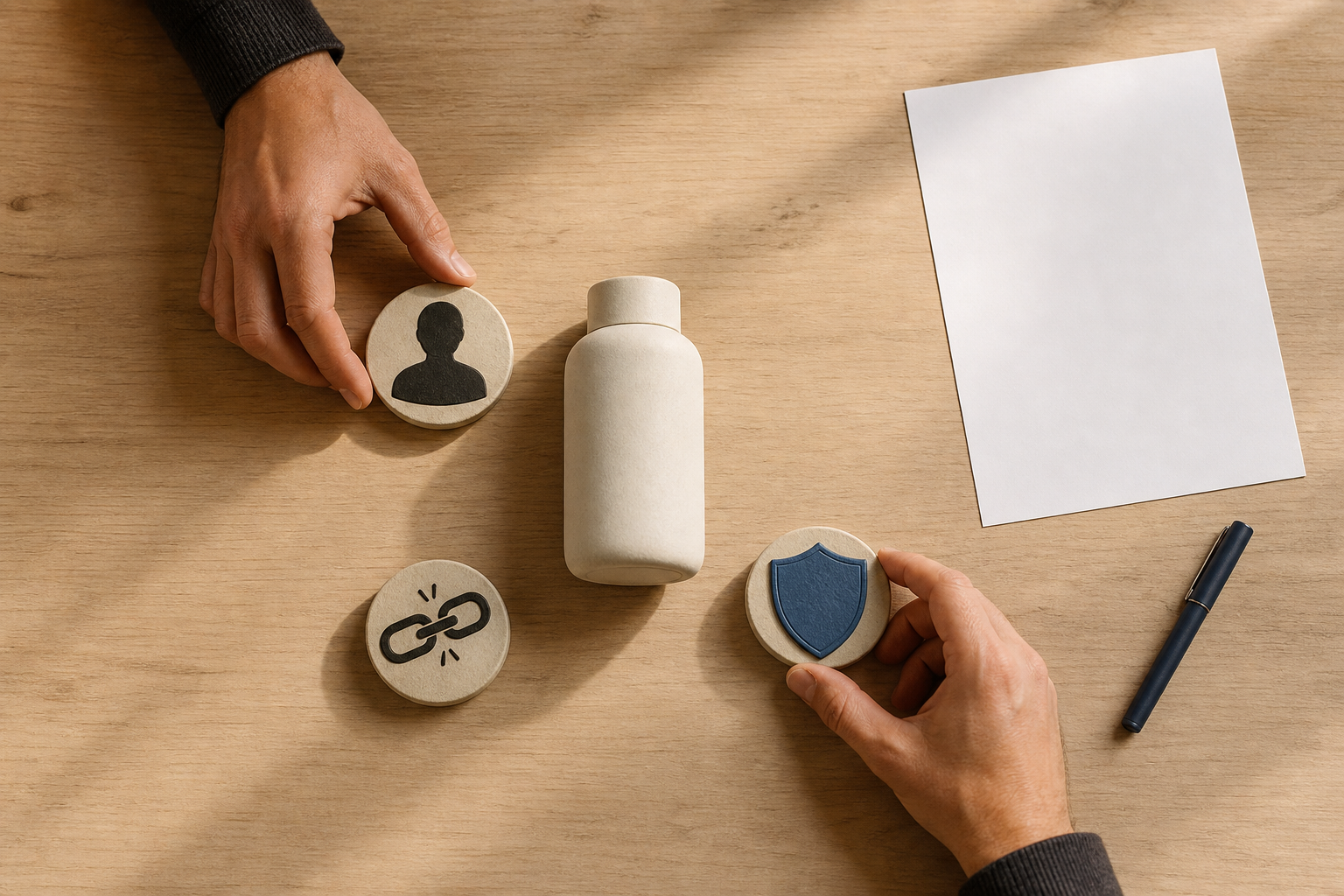 Hands arrange audience, problem, and proof symbols around a product prototype while a blank sheet and capped pen sit nearby.