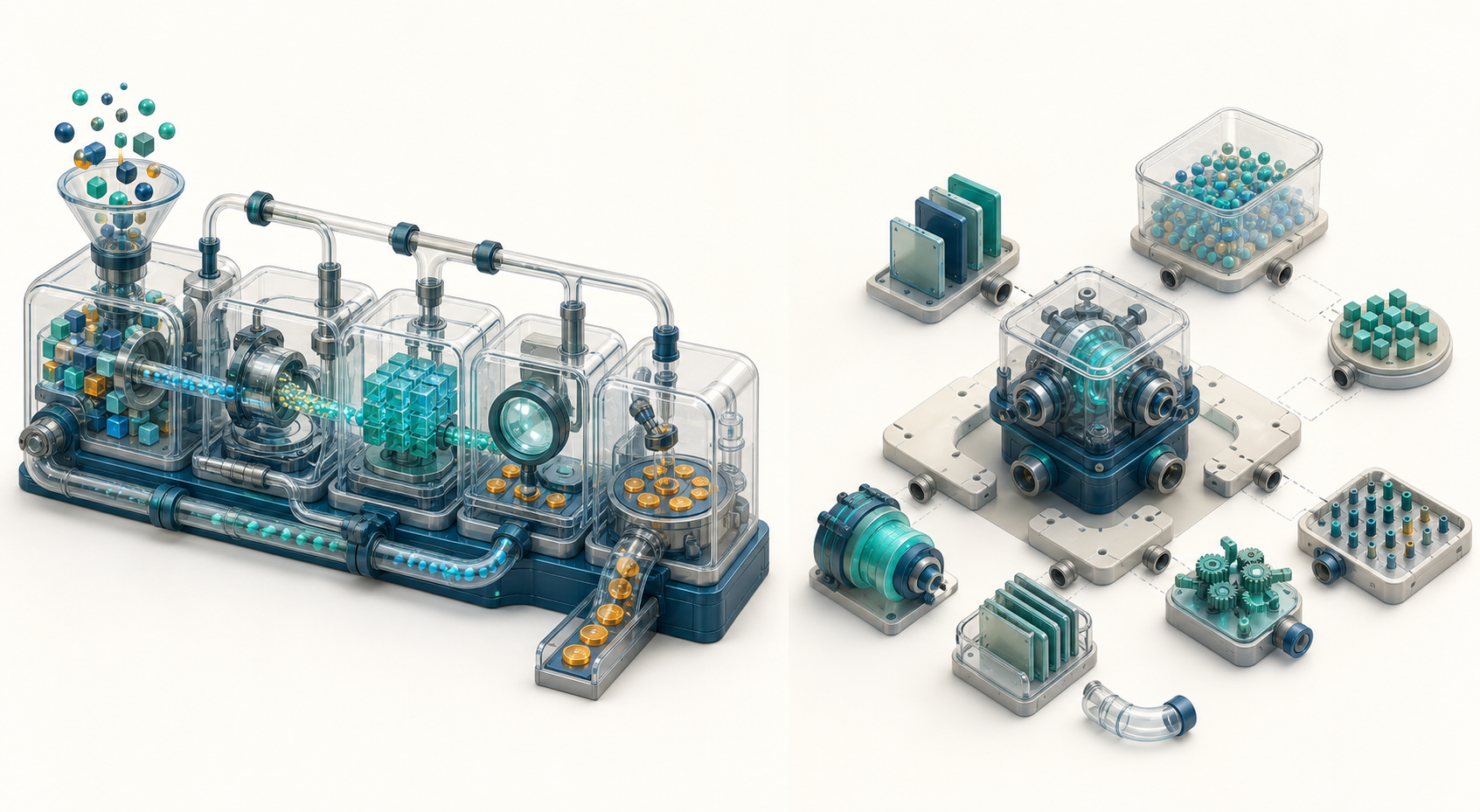 A split illustration shows a connected end-to-end measurement machine beside a standalone forecasting engine surrounded by components that still need assembly.