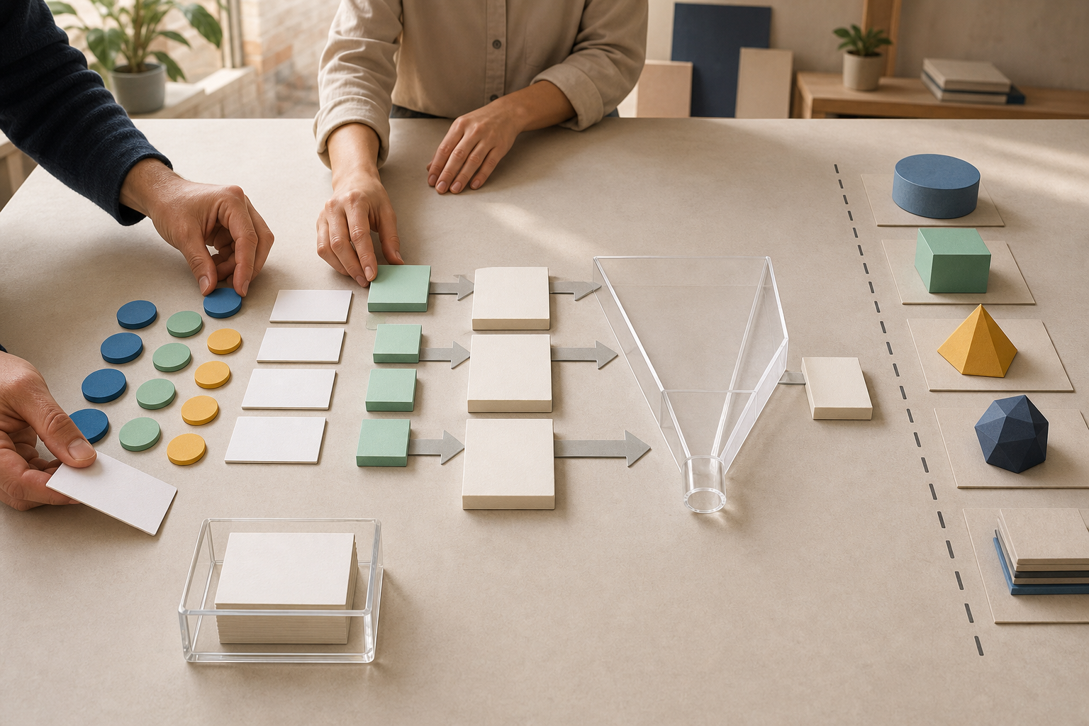 Analysts arrange channel, outcome, calendar, external-factor, and experiment modules on a table before connecting them to several modeling devices.