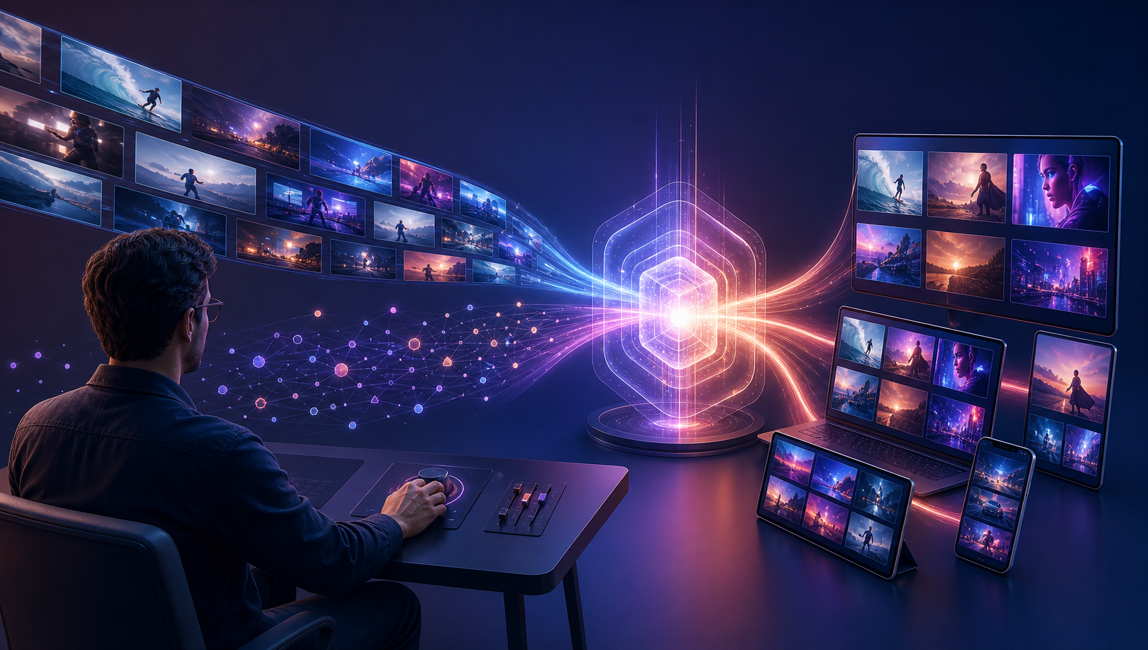 A strategist guides streams of video frames and intent markers into an abstract automation engine that distributes visual tiles to several devices.
