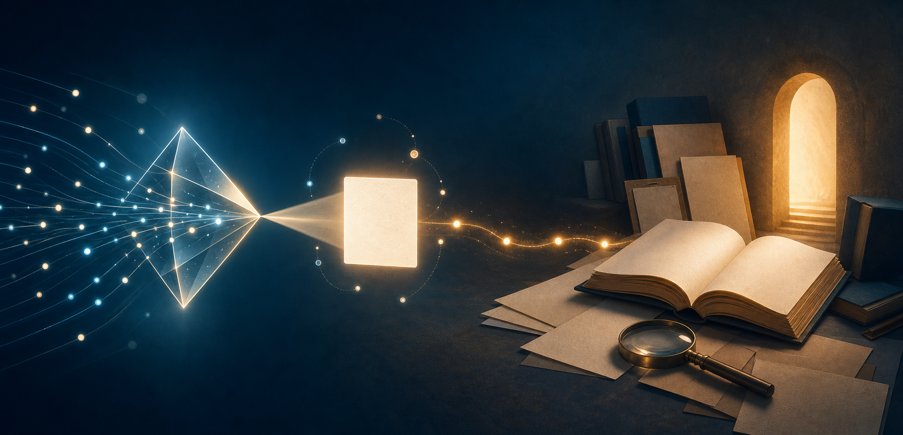 A glowing prism selects an information tile from incoming particles, while an illuminated path leads from the tile to books, research materials, and an open doorway.