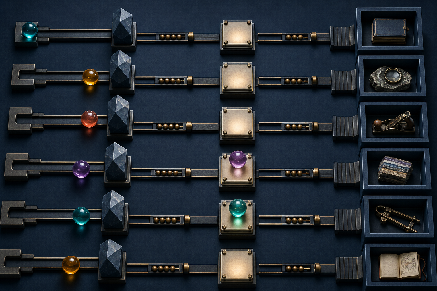 Colored glass spheres follow separate channels through selection gates and answer platforms, with some continuing to books and research tools at the end.