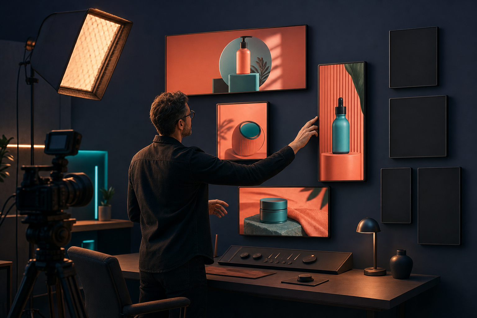 A creative director arranges a small set of distinct video scenes in horizontal, square, and vertical display frames while leaving extra frames empty.