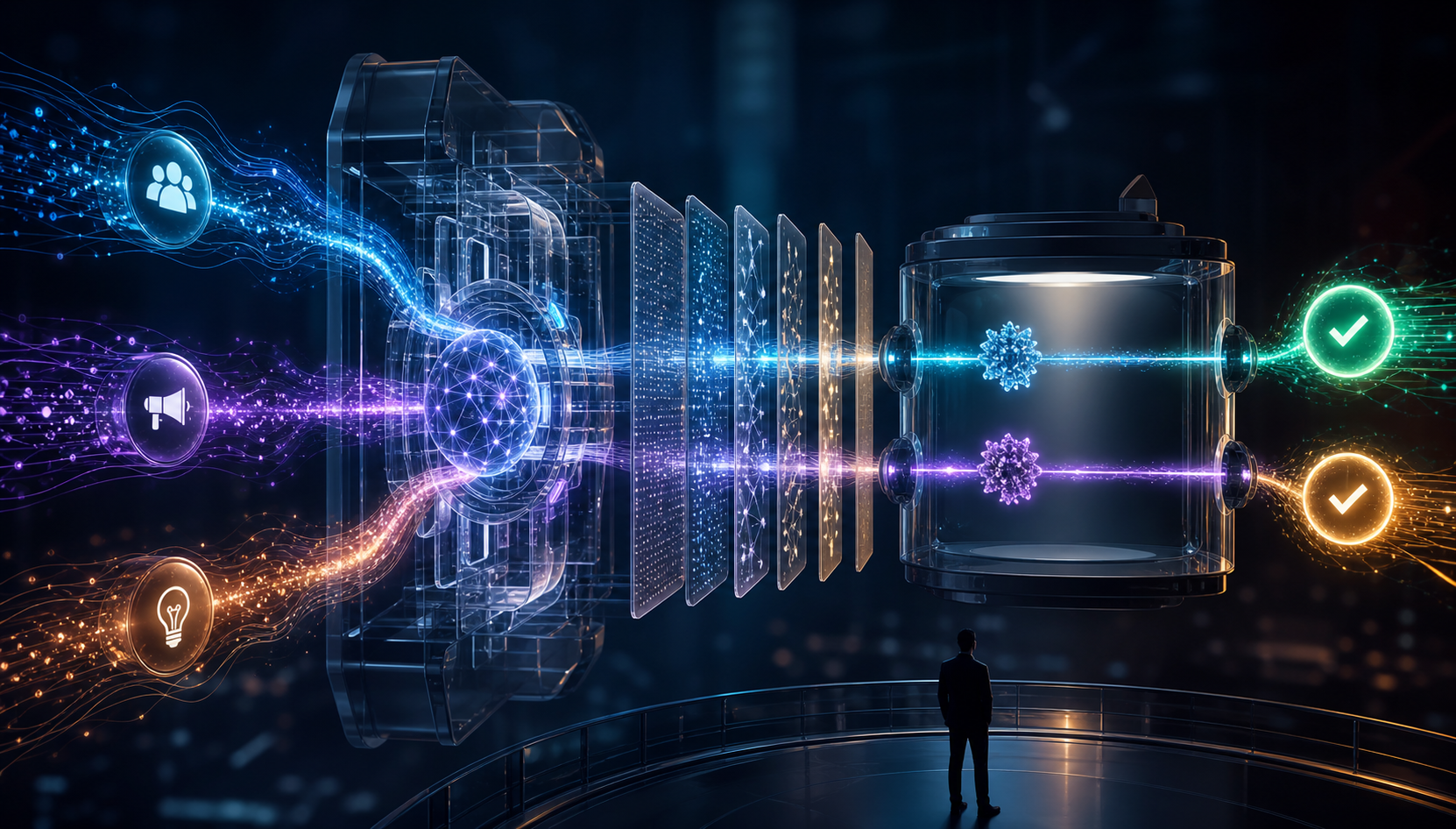 An abstract advertising decision engine channels audience, media, and creative signals through filters and a controlled test chamber while an analyst observes.