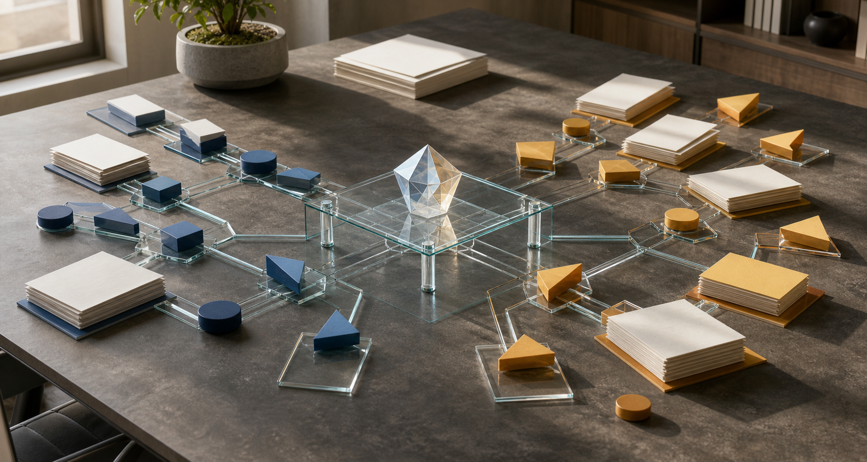 Blue and amber evidence trails remain visibly separate while connecting to a shared transparent model on a research table.
