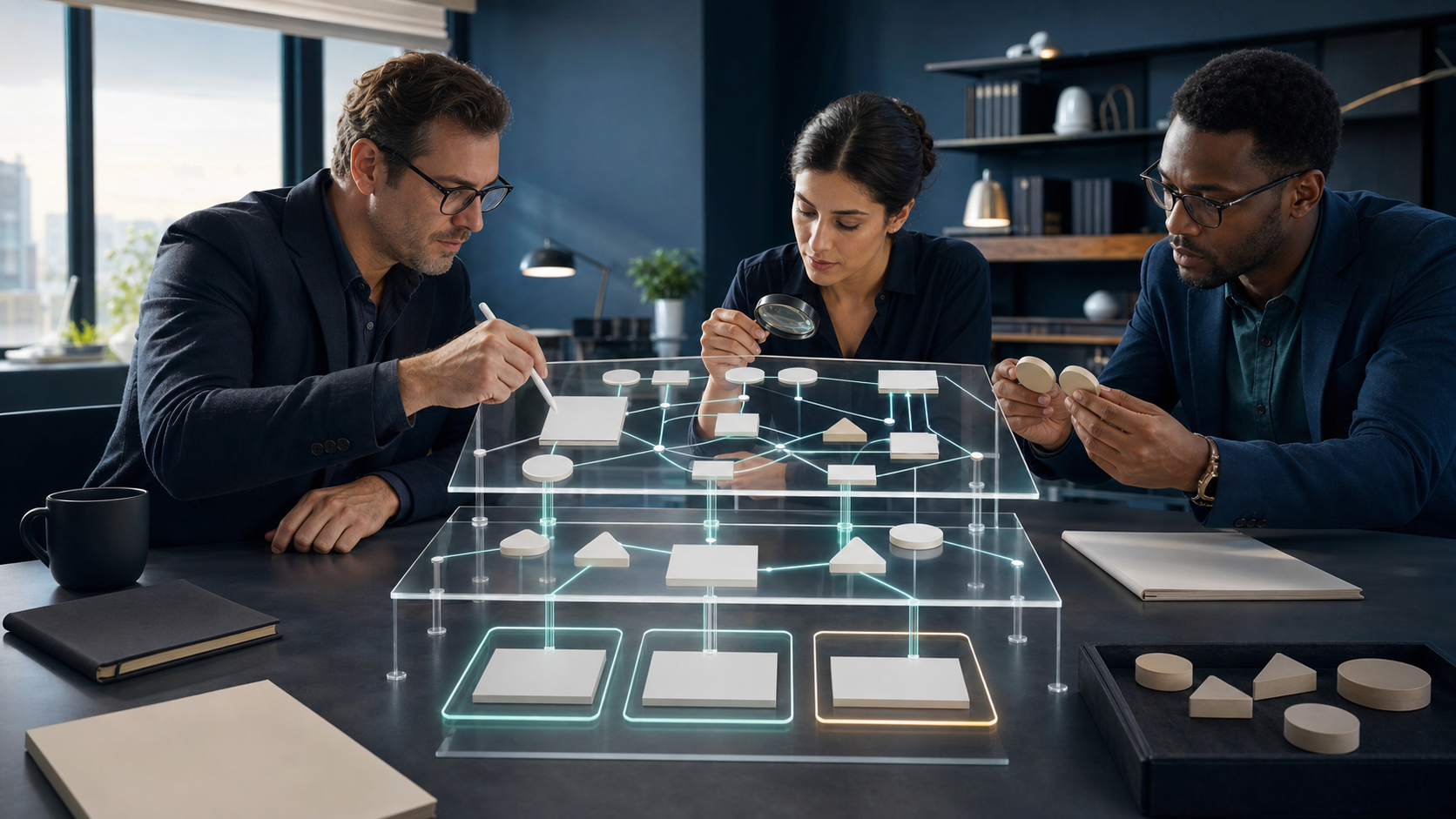 Three analysts inspect linked evidence nodes, blank source documents, and output layers during a research trust review.