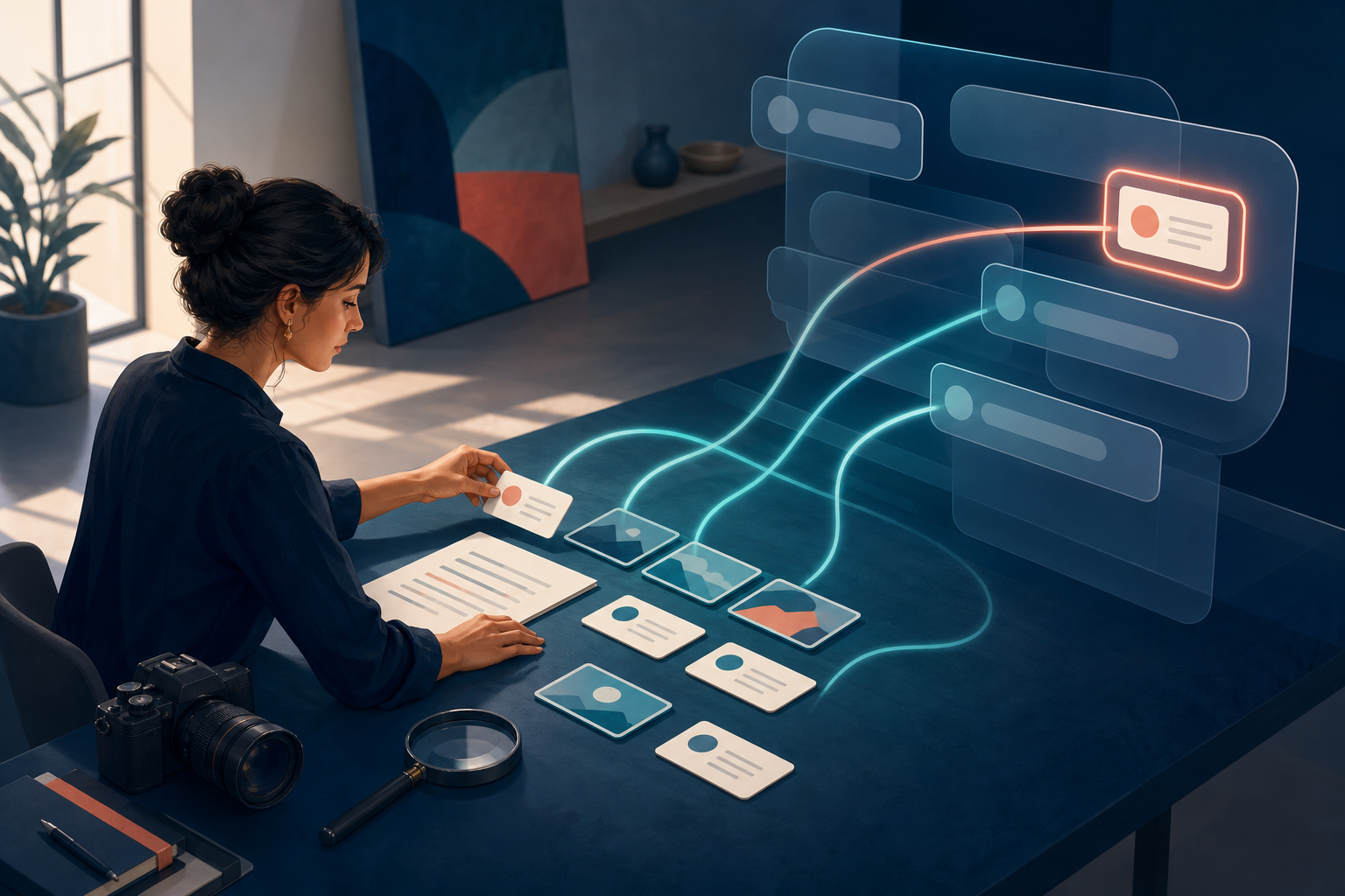 A strategist arranges documents, a camera, and source cards as glowing pathways carry selected material toward an abstract conversational interface.