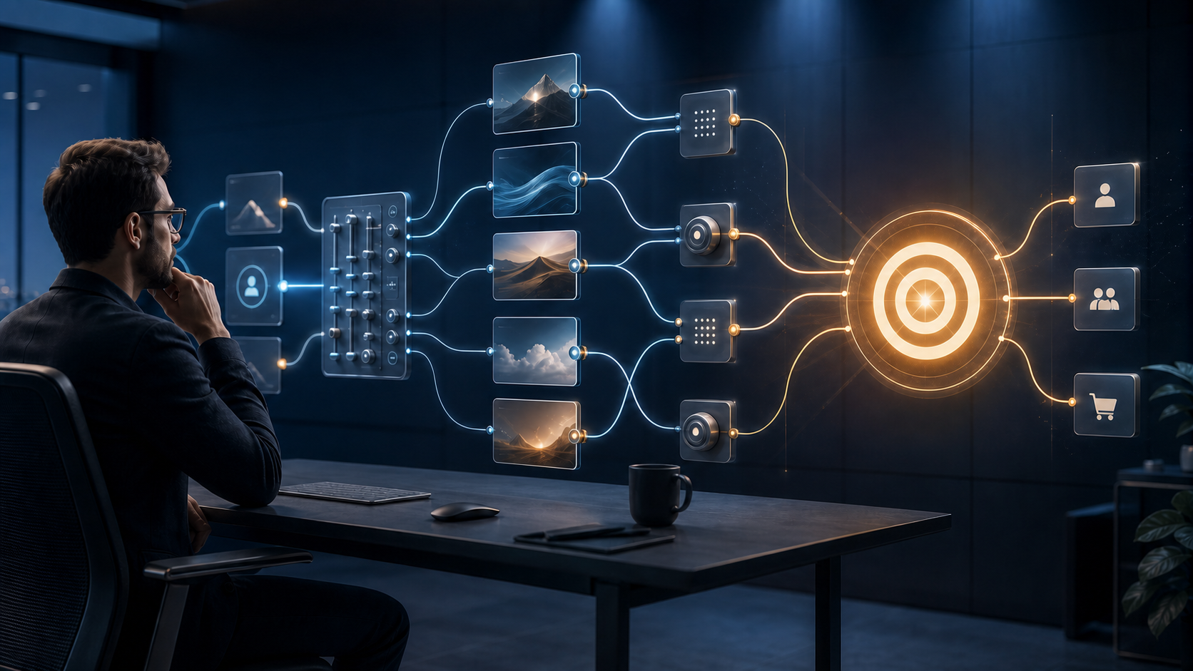 A strategist monitors an abstract automated advertising system centered on a single glowing target.
