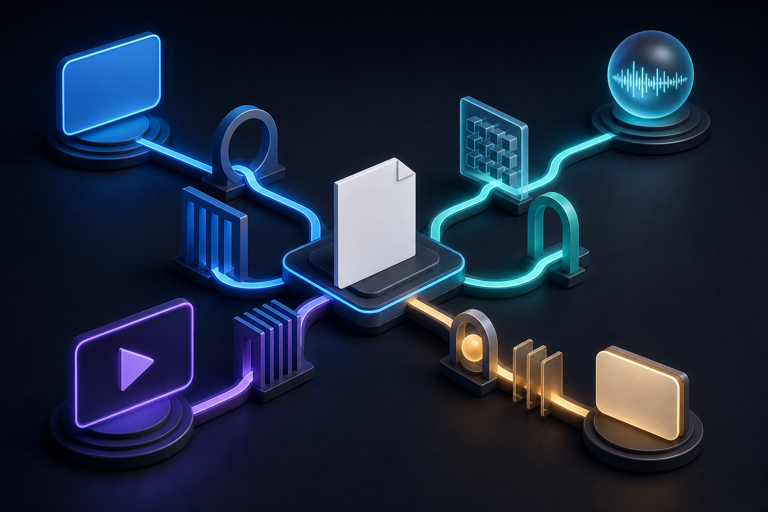 A central content page connects through branching pathways to abstract response, voice, video, and source-card formats.